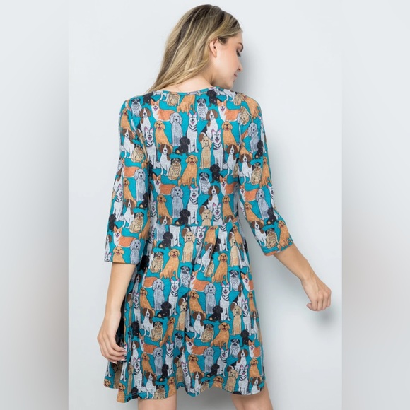 Dogs Print 3/4 Sleeves Sweater Dress With Pockets - Picture 6 of 7